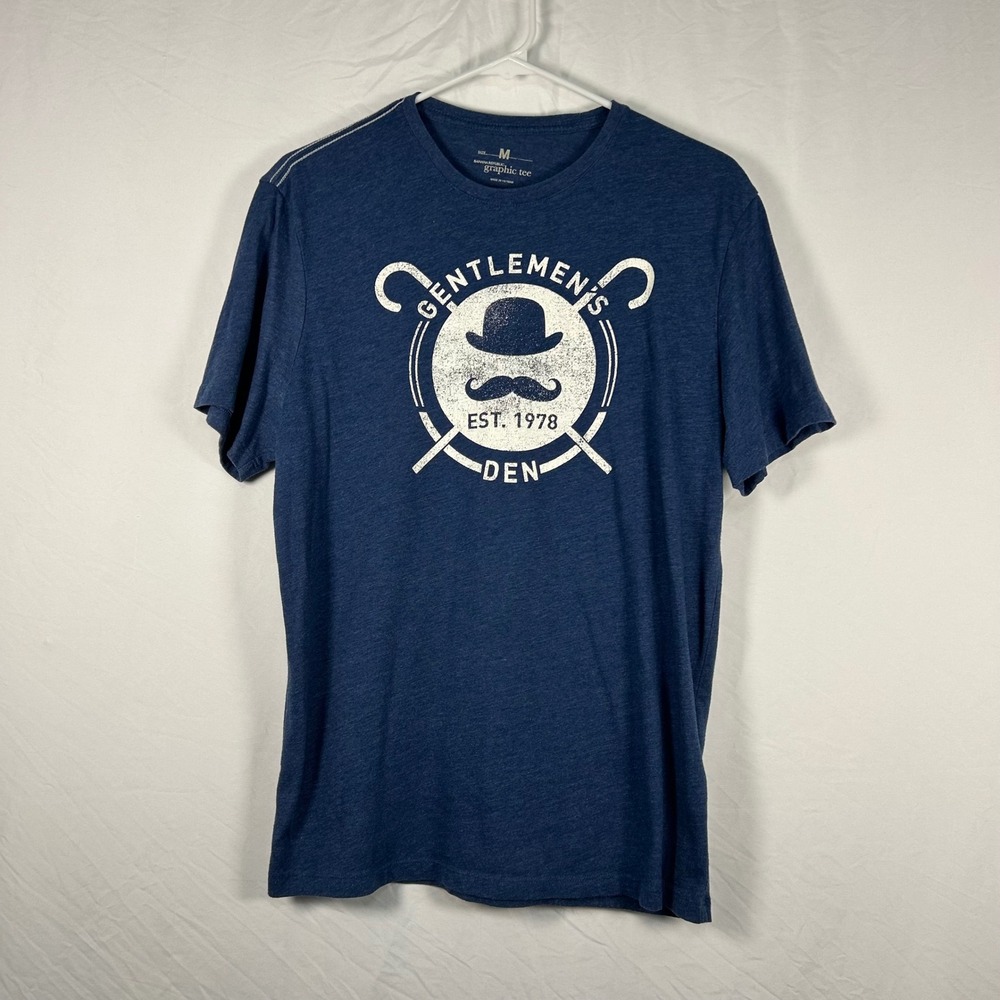 Banana Republic Graphic Tee Mens Medium Blue Gentlemen's Den Mustache Bowler Hat